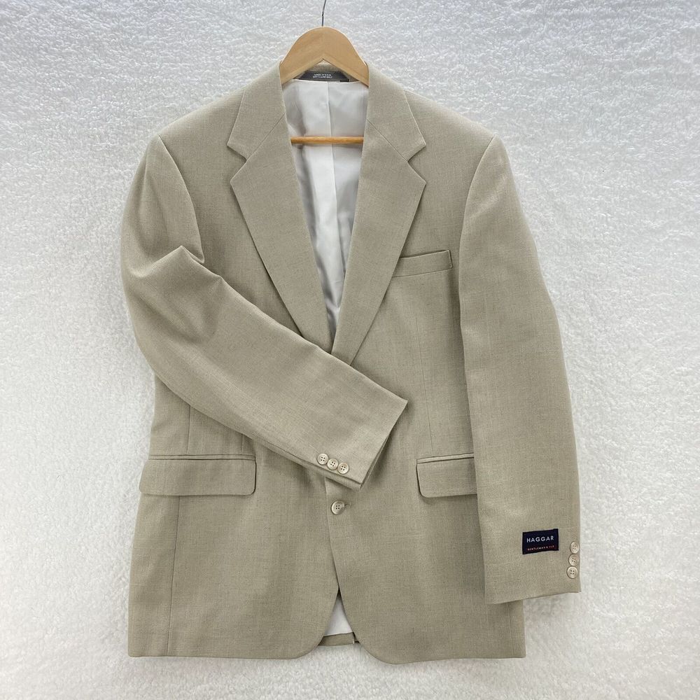 Haggar Blazer Fit Men's 42L Tan Linen Blend Gentleman's 2-Button Sport Coat USA
